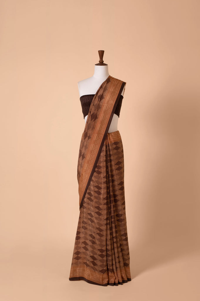 Handwoven Brown Digital Printed Georgette Sari