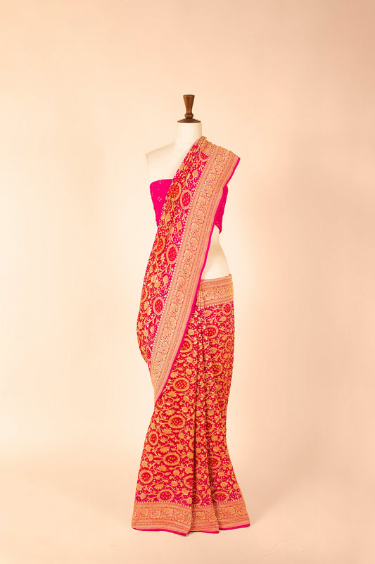 Handwoven Red and Pink Georgette Bandhani Saree