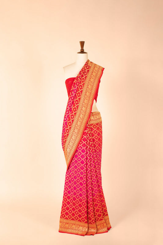 Handwoven Red and Pink Georgette Bandhani Sari