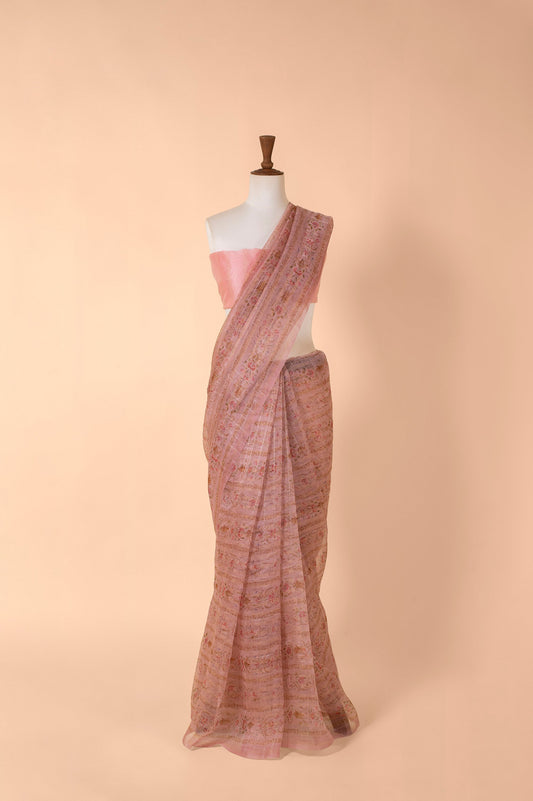 Handwoven Pink Digital Printed Organza Sari