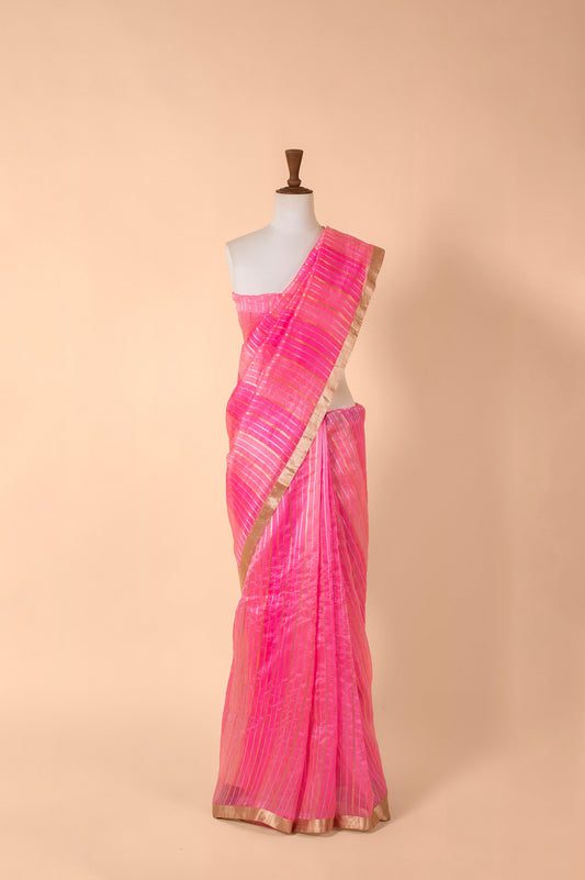 Handwoven Pink Organza Sari