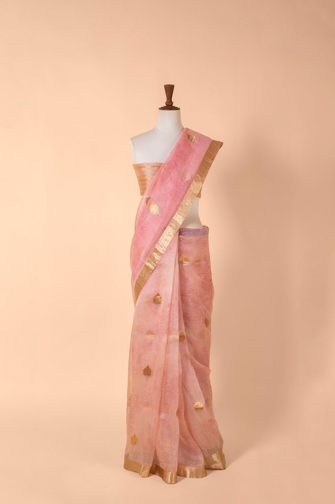 Handwoven Pink Organza Sari