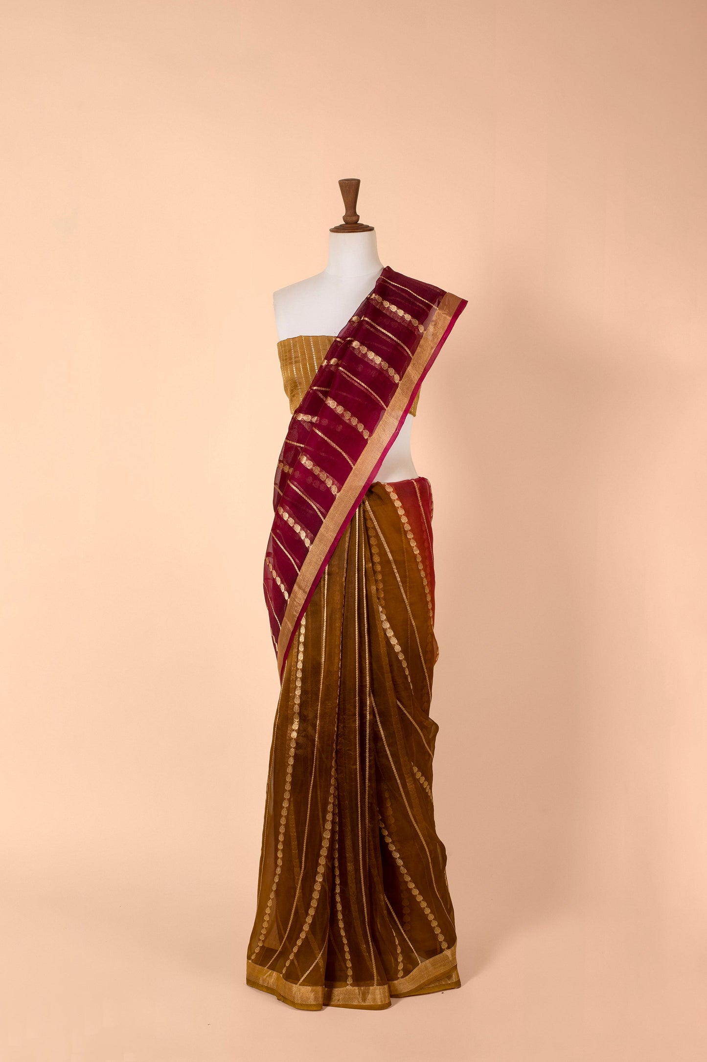 Shereen Bhan in Handwoven Wine and Brown Organza Sari