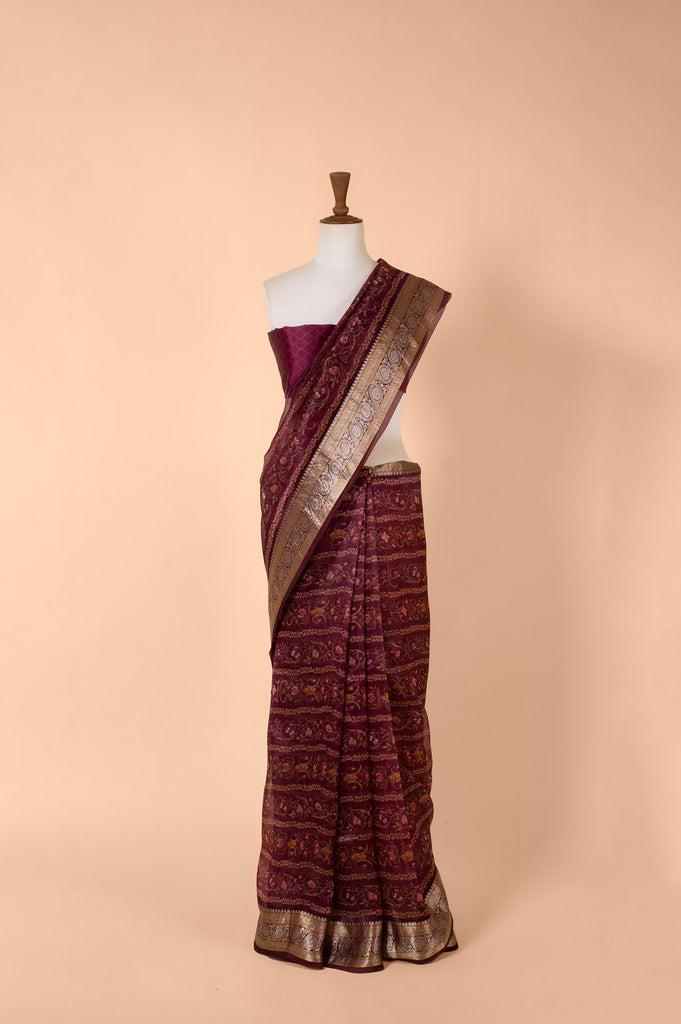 Handwoven Wine Digital Printed Organza Sari