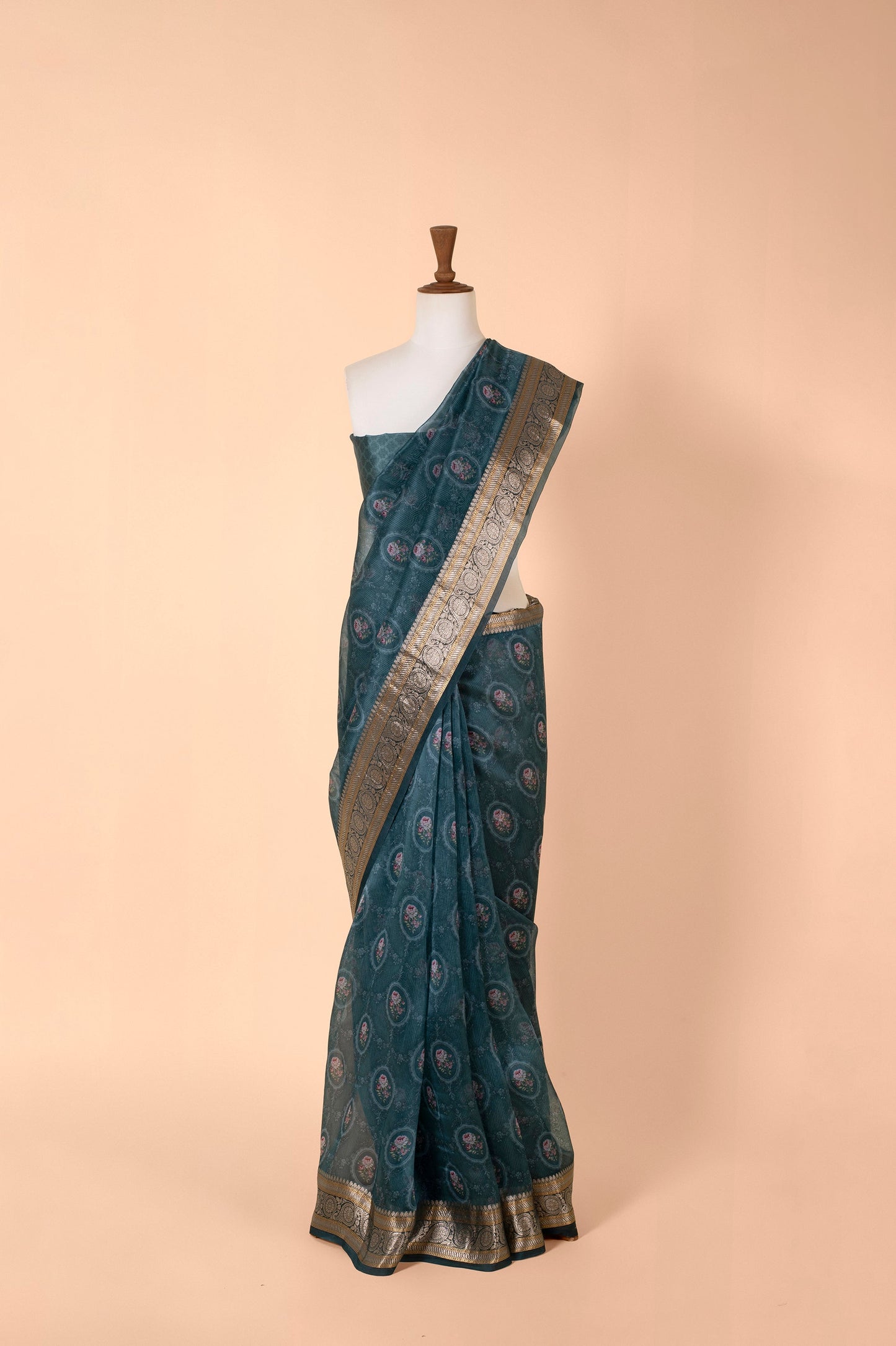 Handwoven Deep Blue Digital Printed Organza Sari