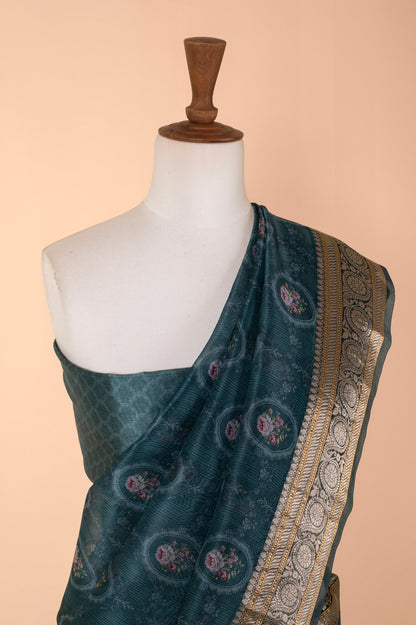 Handwoven Deep Blue Digital Printed Organza Sari