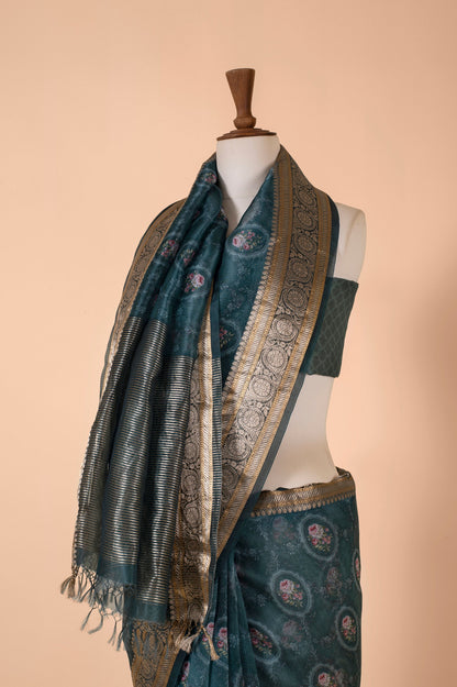 Handwoven Deep Blue Digital Printed Organza Sari