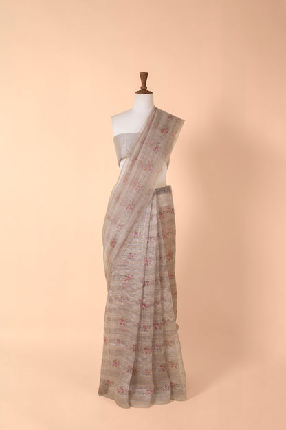 Handwoven Grey Digital Printed  Chanderi Sari