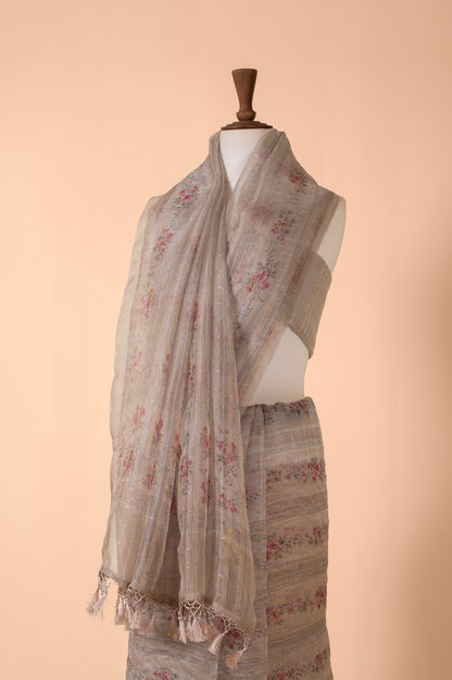 Handwoven Grey Digital Printed  Chanderi Sari