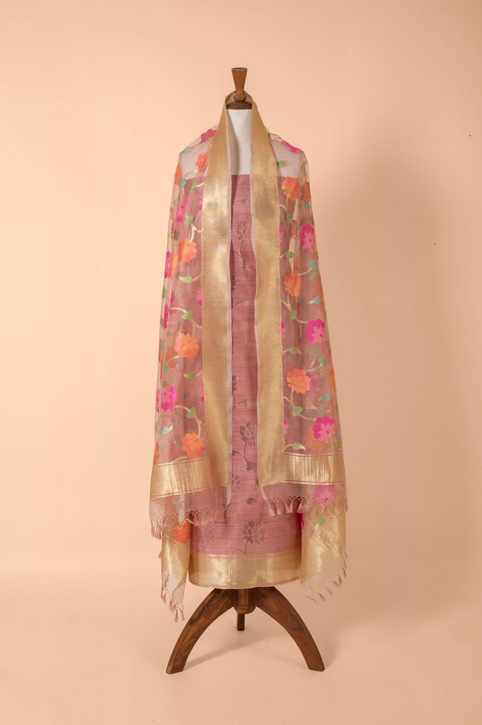 Handwoven Pink Banarasi Net Suit Piece