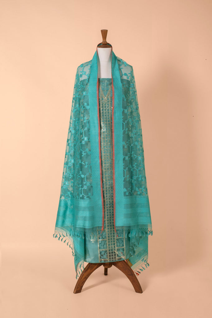 Handwoven Teal Banarasi Net Suit Piece