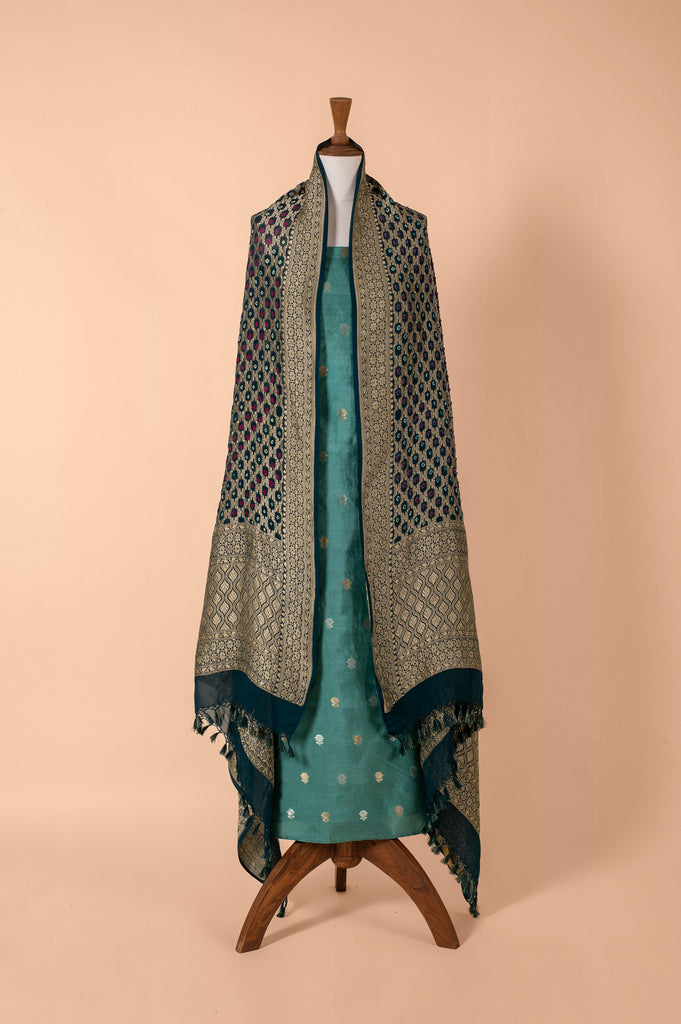 Handwoven Green and Blue Silk Suit Piece