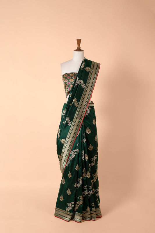 Handwoven Bottle Green Silk Saree