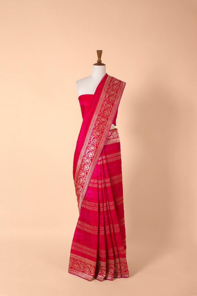Handwoven Pink Satin Silk Sari