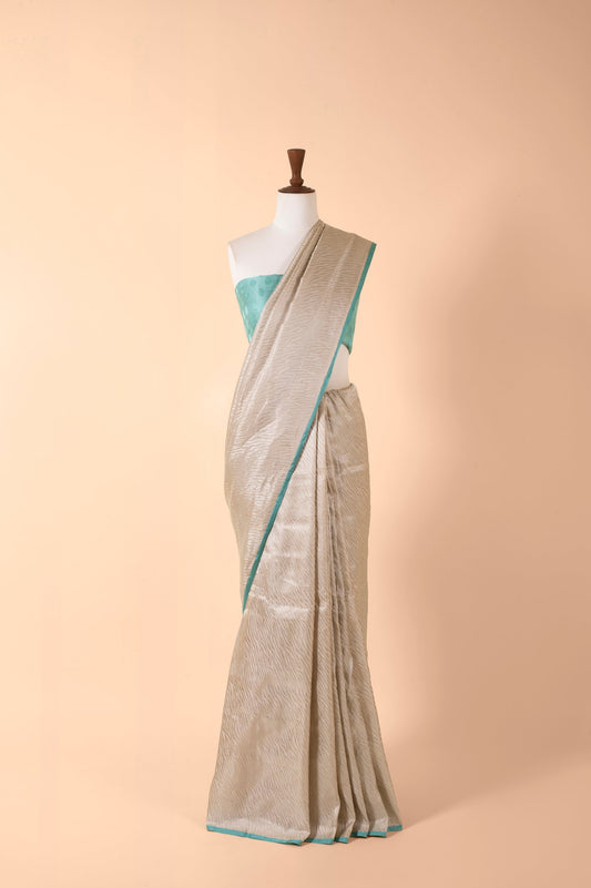 Handwoven Silver Satin Silk Sari