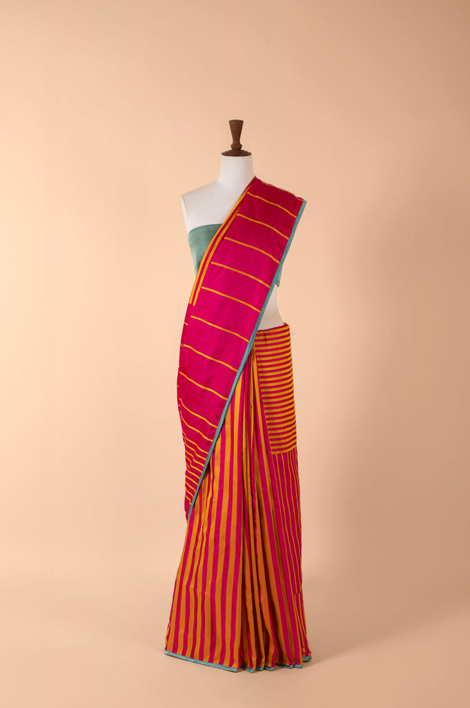 Coral Pink Displaced Stripe Saree