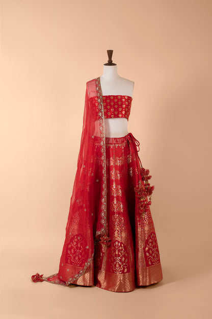 Handwoven Red Tissue Lehenga