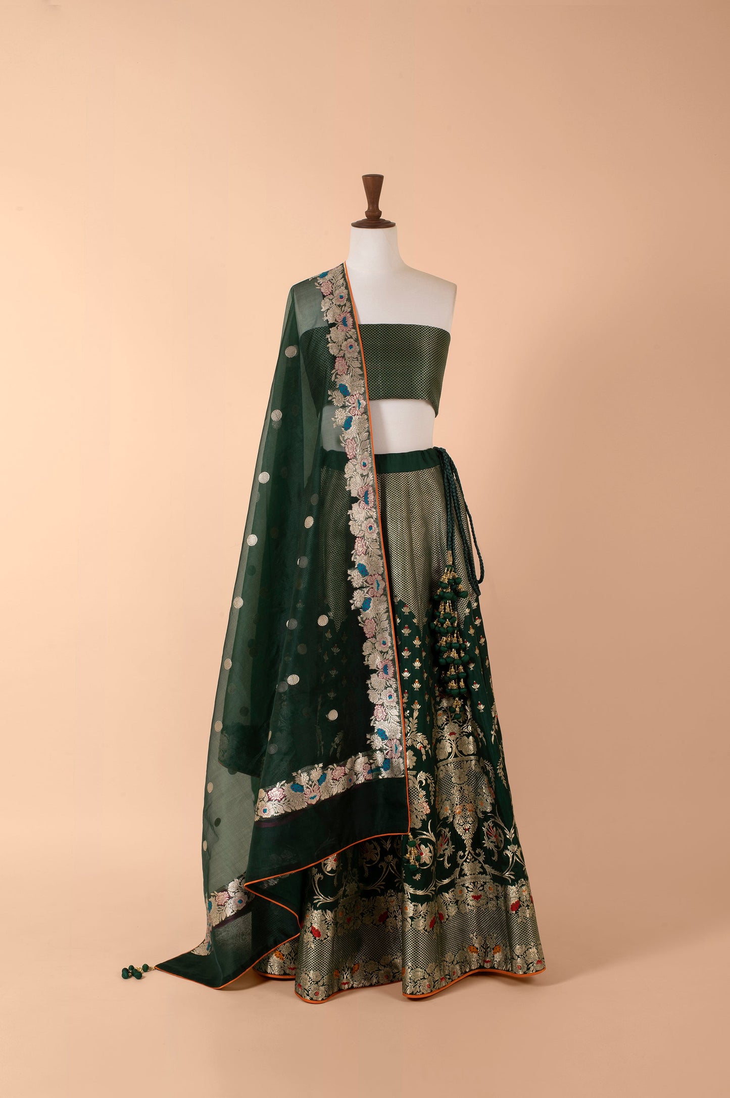 Handwoven Bottle Green Silk Lehenga