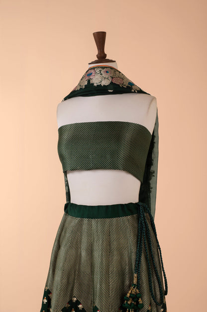 Handwoven Bottle Green Silk Lehenga