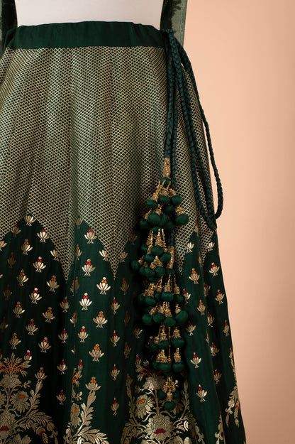 Handwoven Bottle Green Silk Lehenga