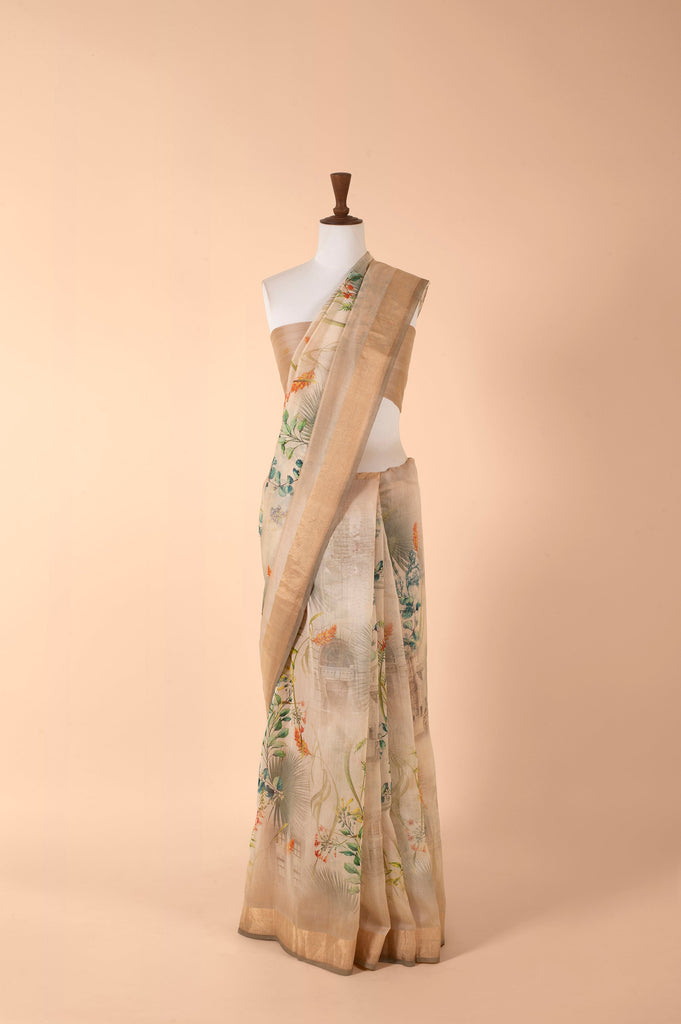 Handwoven Beige Chanderi Saree