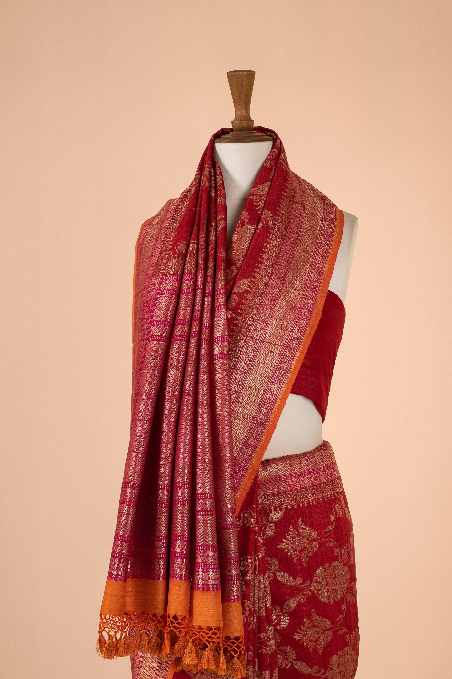 Handwoven Red Tussar Silk Sari