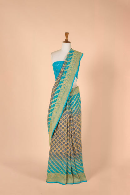 Handwoven Blue and Grey Bandhani Saree