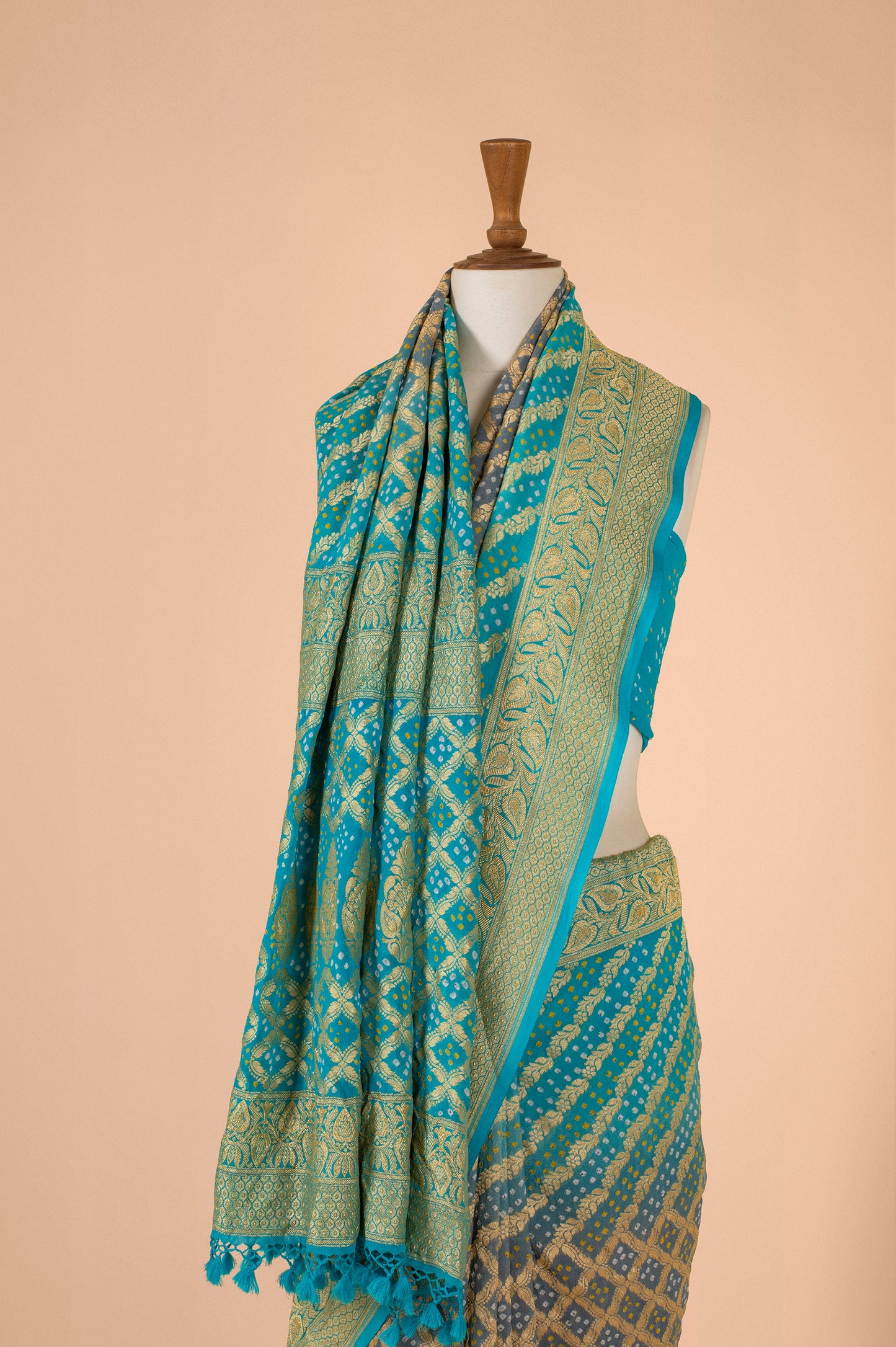 Handwoven Blue and Grey Bandhani Saree