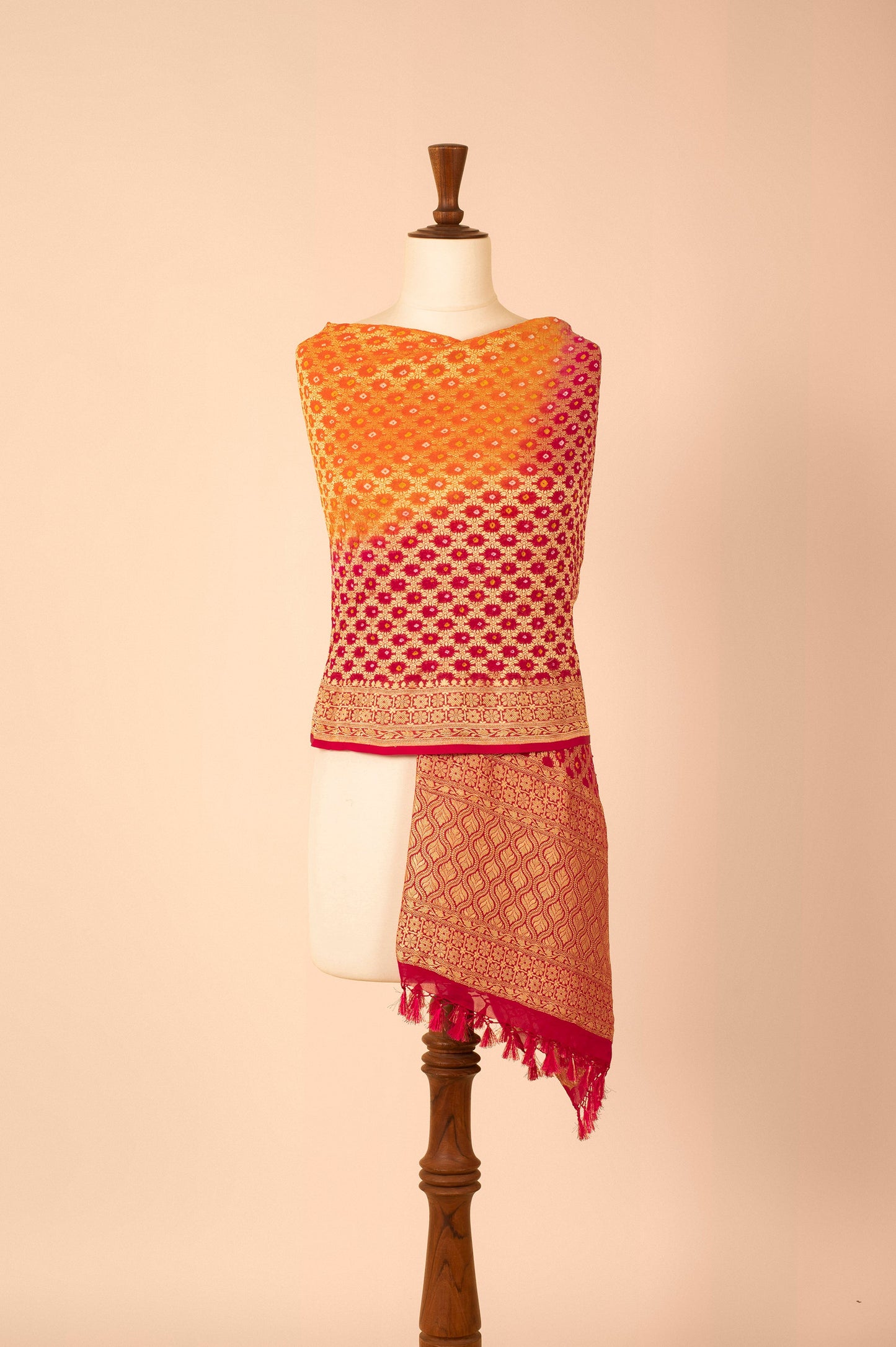 Handwoven Orange and Pink Georgette Bandhani Dupatta