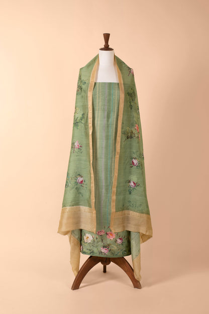 Handwoven Green Digital Printed Tussar Suit Piece