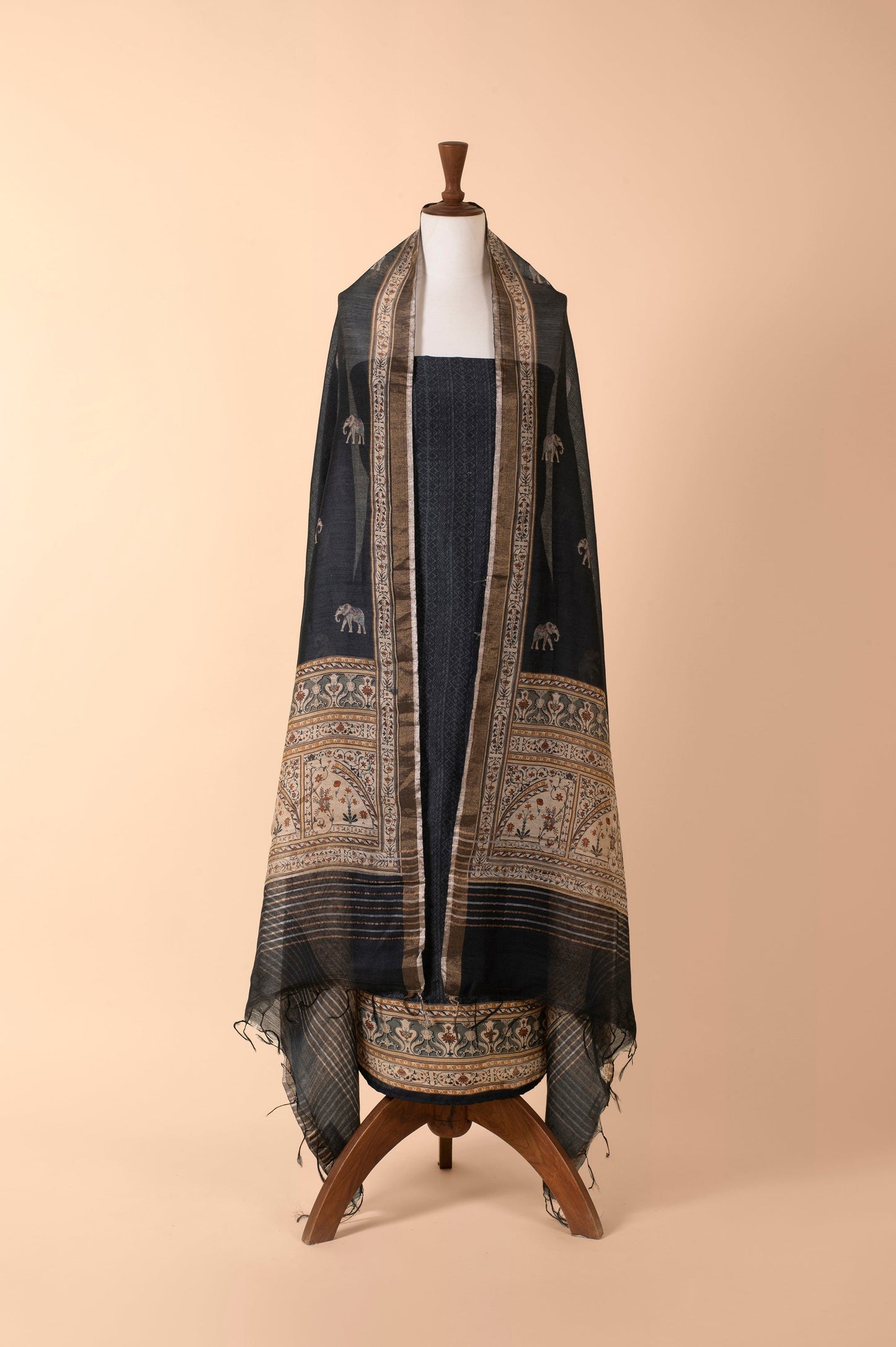 Handwoven Charcoal Digital Printed Tussar Suit Piece