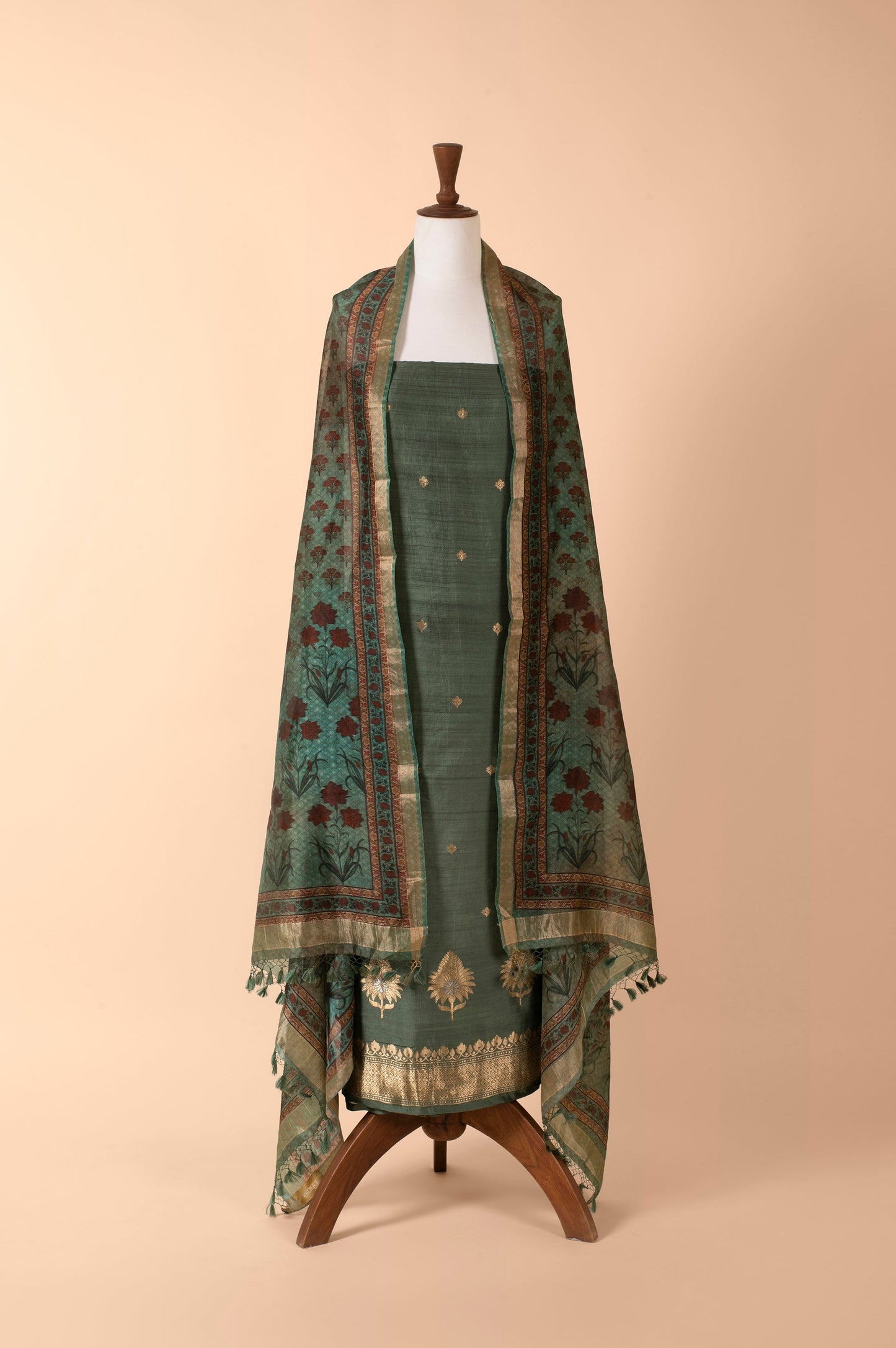 Handwoven Green Digital Printed Silk Suit Piece