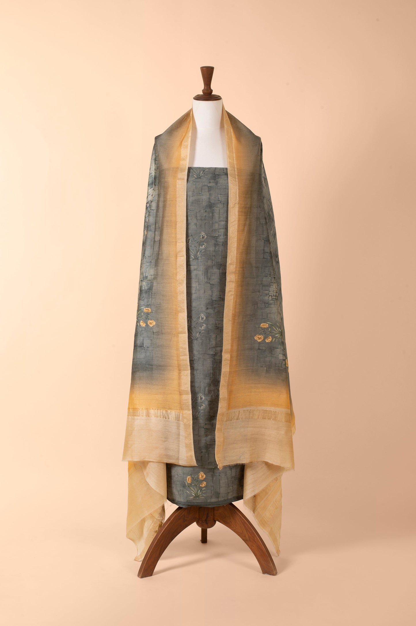 Handwoven Grey Digital Printed Tussar Suit Piece