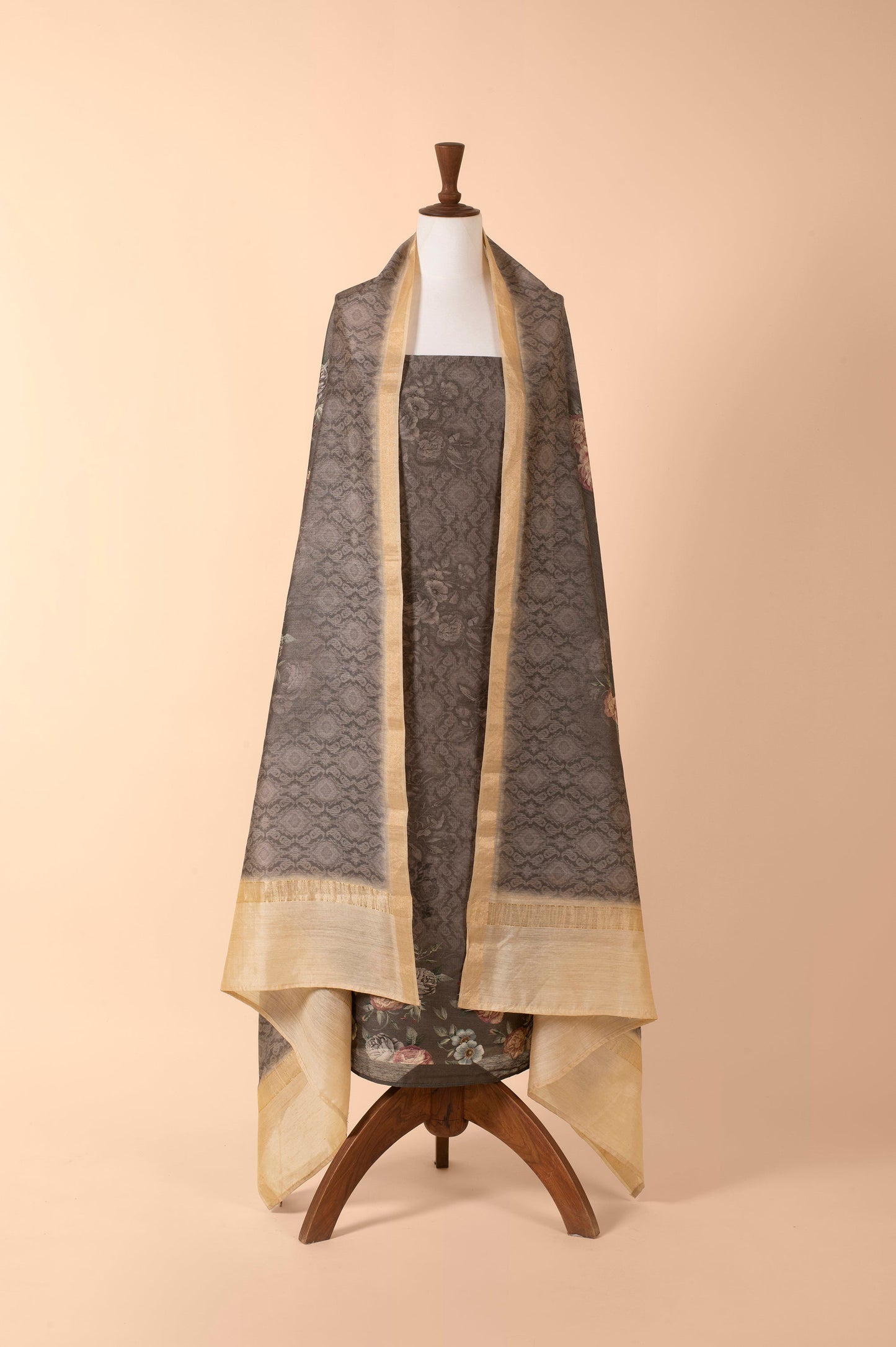 Handwoven Grey Digital Printed Tussar Suit Piece