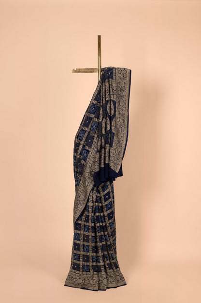 Handwoven Navy Blue Bandhani Sari