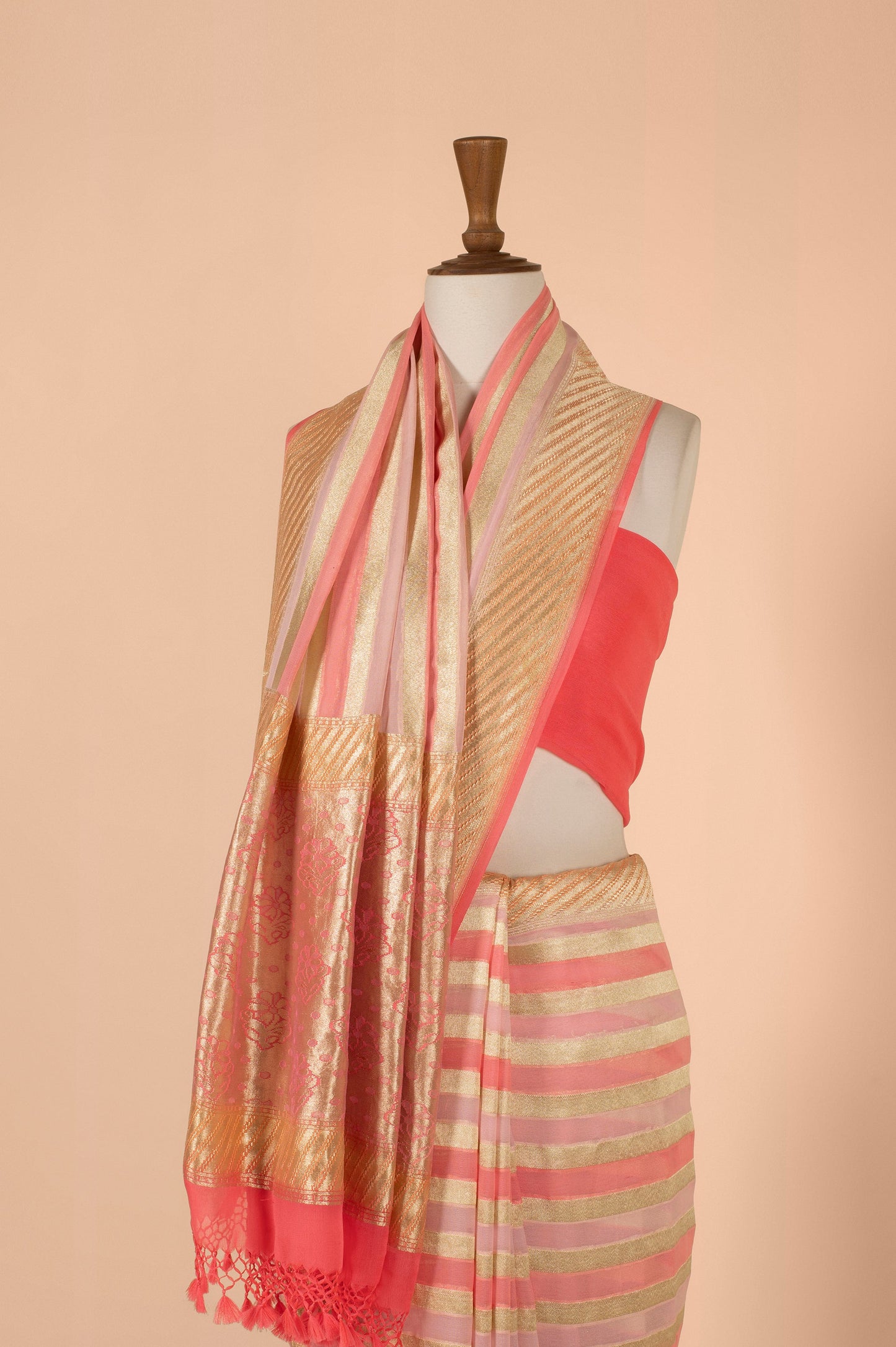 Handwoven Peach Georgette Sari