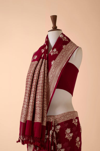 Handwoven Wine Georgette Sari