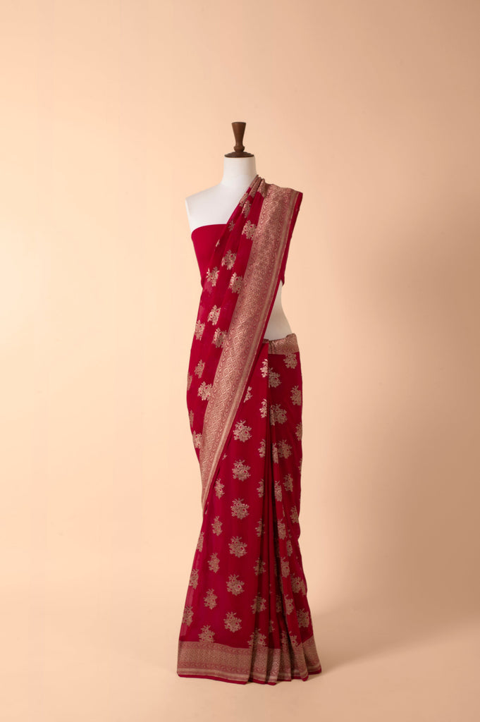 Handwoven Red Georgette Sari