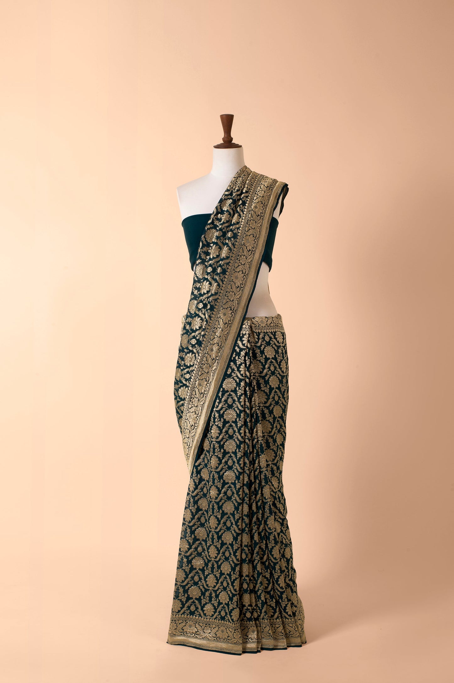 Handwoven Bottle Green Georgette Sari