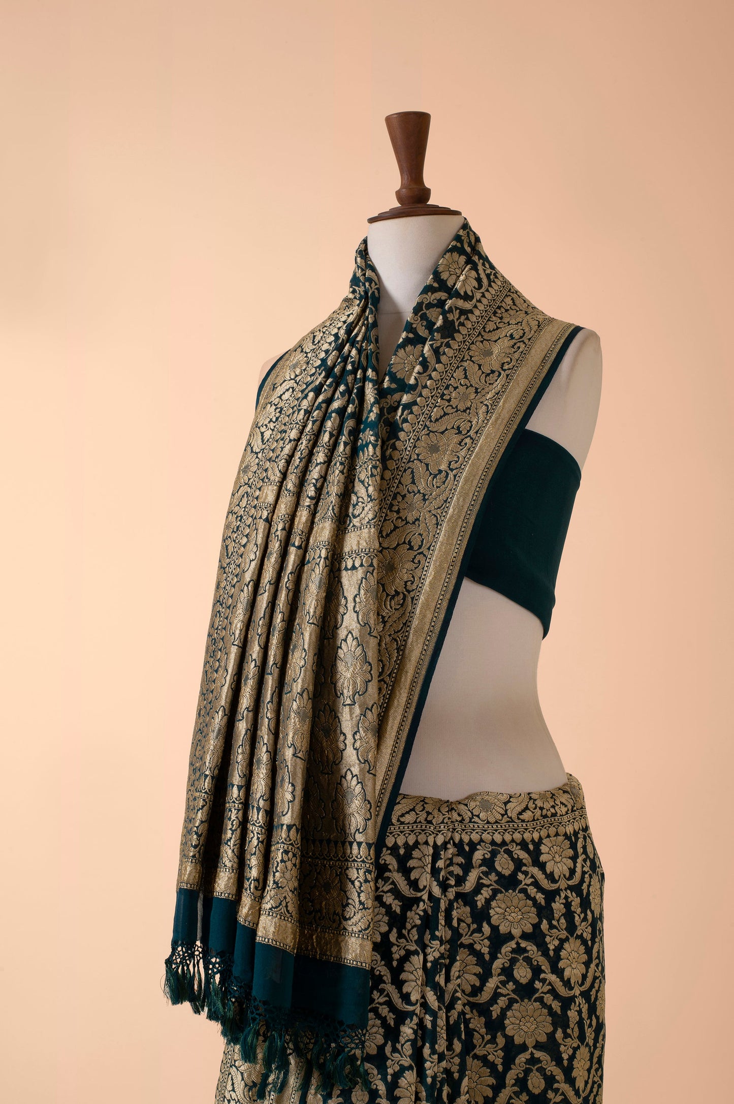 Handwoven Bottle Green Georgette Sari