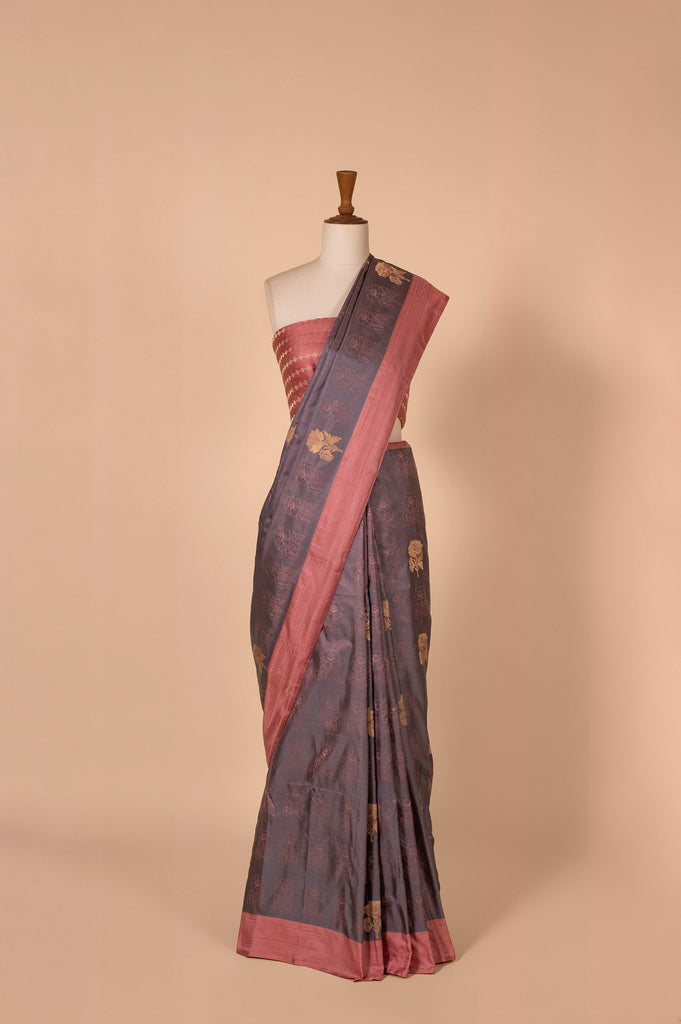 Handwoven Grey Satin Silk Sari
