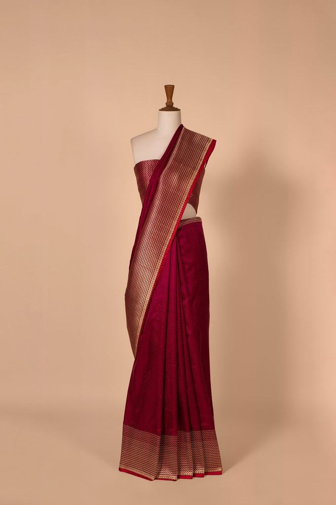 Handwoven Garnet Satin Silk Sari