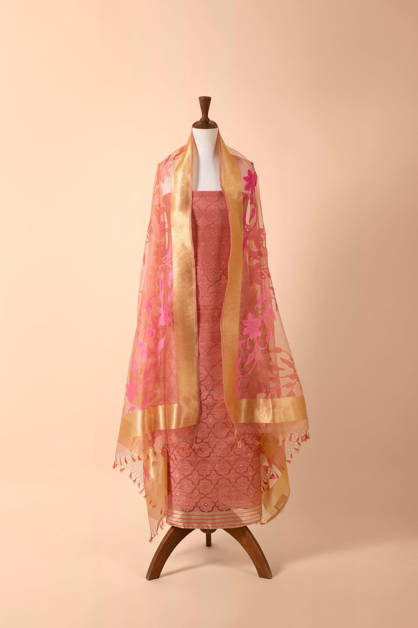 Handwoven Pink Banarasi Net Suit Piece