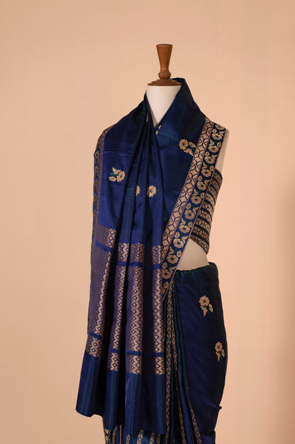 Handwoven Blue Satin Silk Sari