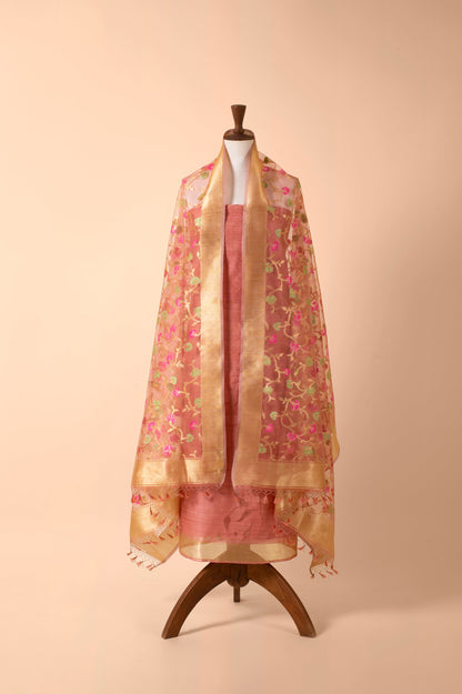 Handwoven Pink Banarasi Net Suit Piece