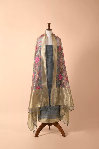 Handwoven Grey Banarasi Net Suit Piece