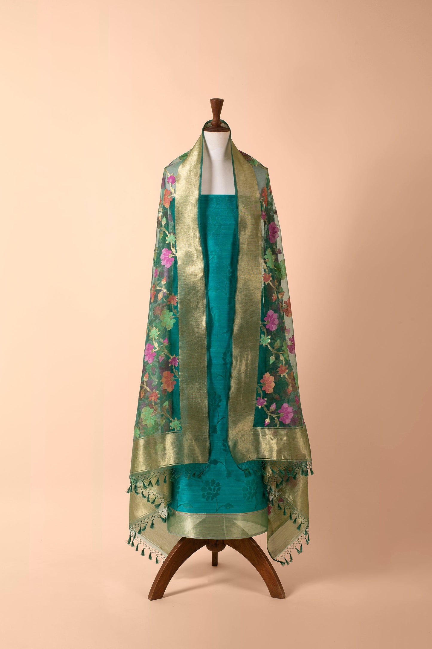 Handwoven Green Banarasi Net Suit Piece