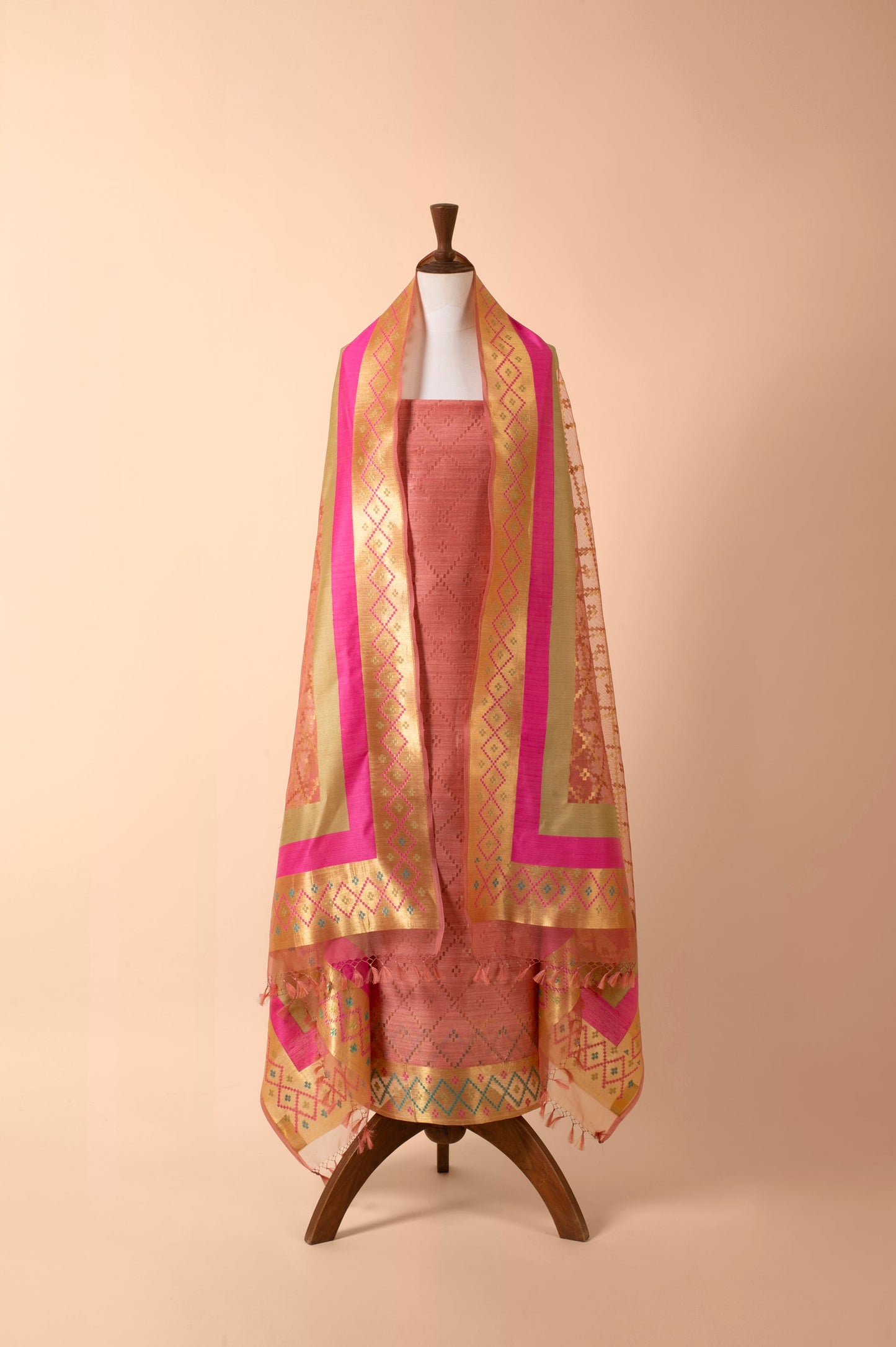 Handwoven Peach Banarasi Net Suit Piece