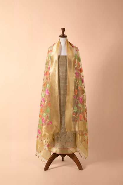 Handwoven Beige Banarasi Net Suit Piece