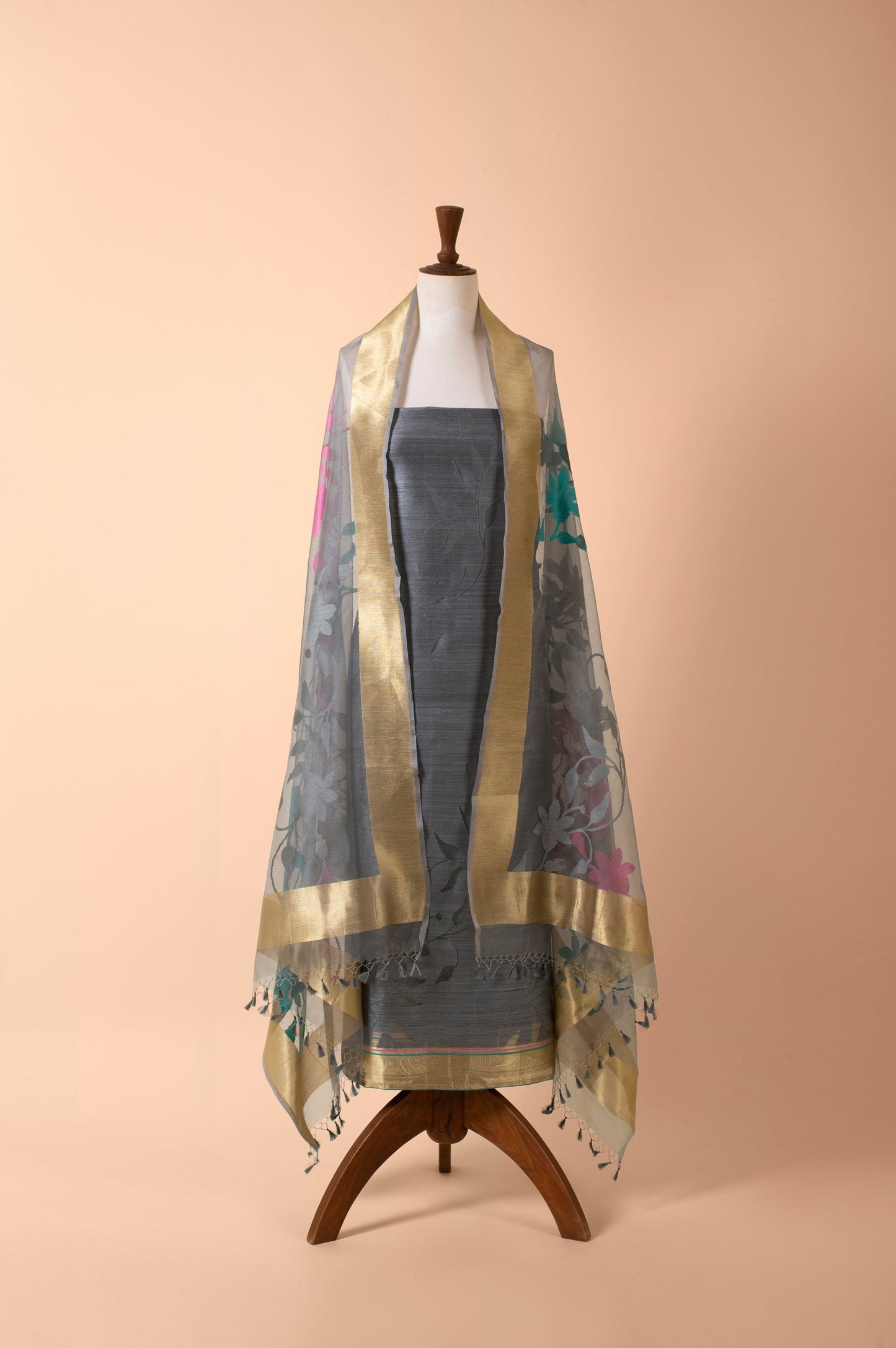 Handwoven Grey Banarasi Net Suit Piece